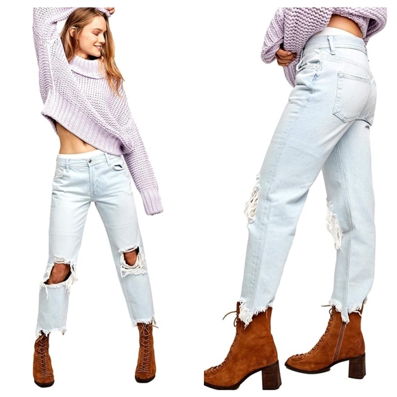 We The Free Denim - Free People Maggie Mid-Rise Straight Distressed Jeans Women Sz 30 Light Washed